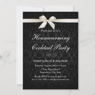 Classy Ivory Ribbon Dark Damask Housewarming Party Kaart