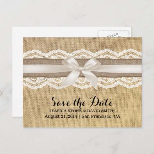 Classy Ivory Ribbon Lace & Burlap Save the Date Aankondigingskaart (Voorkant / Achterkant)
