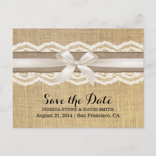 Classy Ivory Ribbon Lace & Burlap Save the Date Aankondigingskaart (Voorkant)