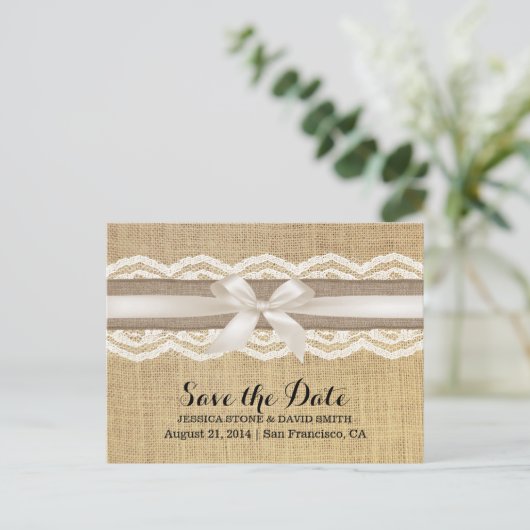 Classy Ivory Ribbon Lace & Burlap Save the Date Aankondigingskaart (Staand voorkant)