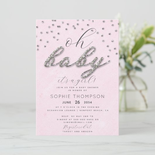 Classy Jewel Pink Sparkle Glitter Girl Baby shower Kaart (Staand voorkant)