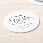 Classy kalligrafie bruiloft zwart en wit ronde kartonnen onderzetter<br><div class="desc">Eenvoudig zwart-wit onderzetter van het huwelijkspapier is voorzien van elegante,  romantische,  wervelende kalligrafiebelettering met tekst. Voor meer geavanceerde aanpassing van dit ontwerp,  klikt u op de BLUE DESIGN TOOL BUTTON hierboven!</div>