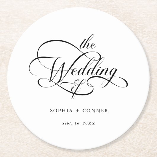 Classy kalligrafie bruiloft zwart en wit ronde kartonnen onderzetter (Voorkant)
