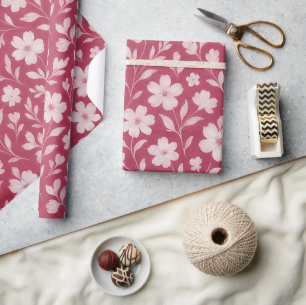 Classy laat bloemenkunstpatroon op donkerroze cadeaupapier