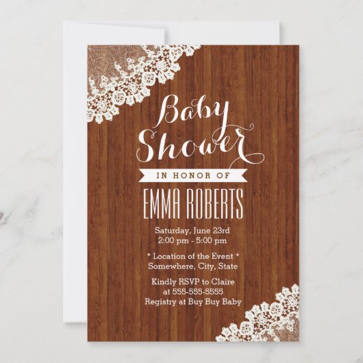 Classy Lace Corner Wood Baby Shower-uitnodigingen Kaart (Voorkant)