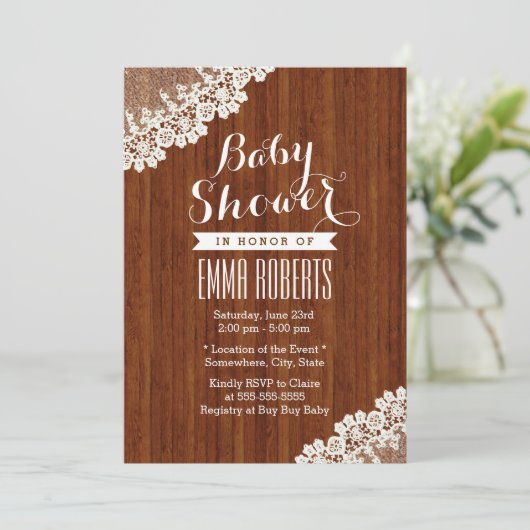 Classy Lace Corner Wood Baby Shower-uitnodigingen Kaart (Staand voorkant)