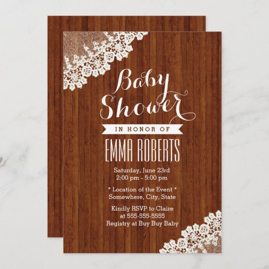 Classy Lace Corner Wood Baby Shower-uitnodigingen Kaart (Voorkant / Achterkant)