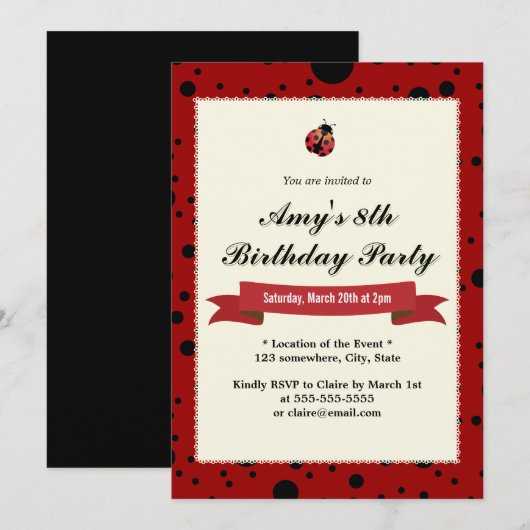 Classy Ladybug Black & Red Birthday-uitnodigingen Kaart (Voorkant / Achterkant)