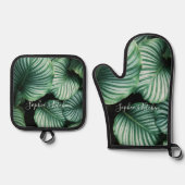 Classy Large Leaf Design, Jouw naam of tekst Ovenwant & Pannenlap Set (Voorkant)
