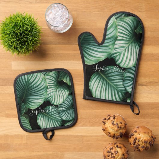Classy Large Leaf Design, Jouw naam of tekst Ovenwant & Pannenlap Set (Top down)