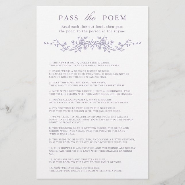 Classy Lavender Floral 'Pass the Poem' Game  (Voorkant)