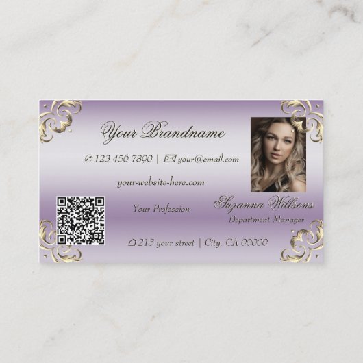 Classy Lavender Gold  met foto- en QR-code Visitekaartje (Achterkant)