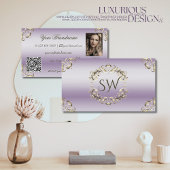 Classy Lavender Gold  Monogram Foto QR-code Visitekaartje