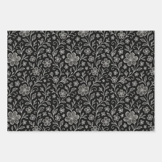 Classy Leaves Floral Art Pattern On Gray And Black Inpakpapier Vel (Voorkant 3)