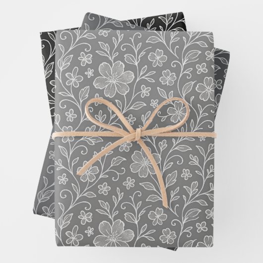 Classy Leaves Floral Art Pattern On Gray And Black Inpakpapier Vel (In situ)