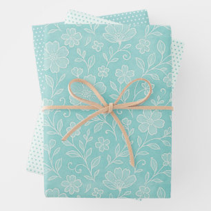 Classy Leaves Floral Art Pattern op Aqua Blue Inpakpapier Vel