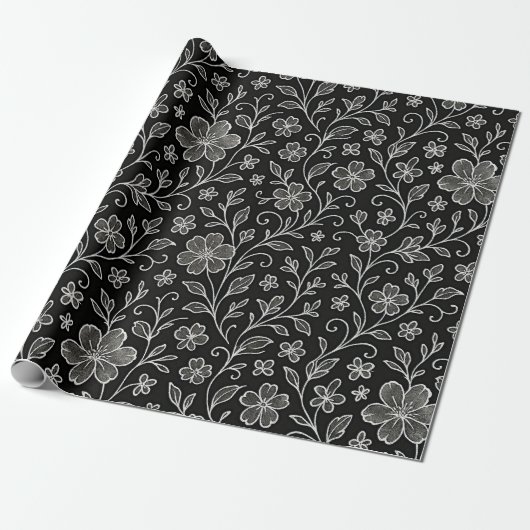 Classy Leaves Floral Art Pattern op grijs zwart Cadeaupapier (Uitgerold)