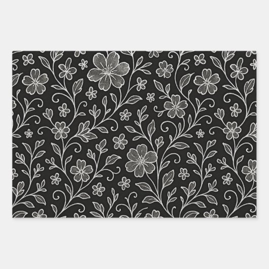 Classy Leaves Floral Art Pattern op grijs zwart Inpakpapier Vel (Voorkant)