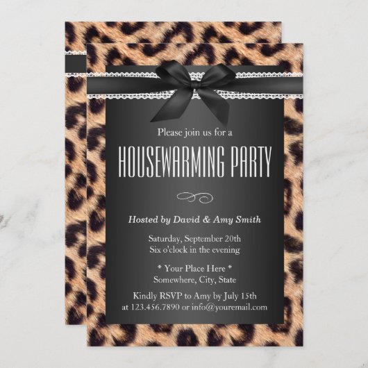 Classy Leopard Print Black Ribbon Housewarming Kaart (Voorkant / Achterkant)