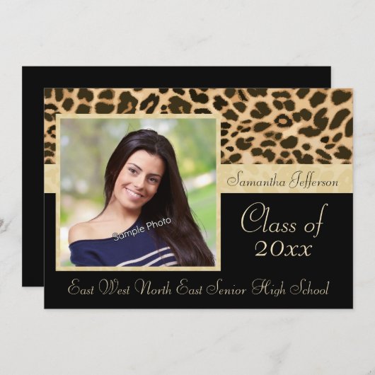 Classy Leopard Print Photo Afstuderen Aankondiging (Voorkant / Achterkant)