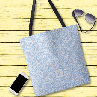 Classy Light Blue Damask Pattern Monogram Canvas t Tote Bag