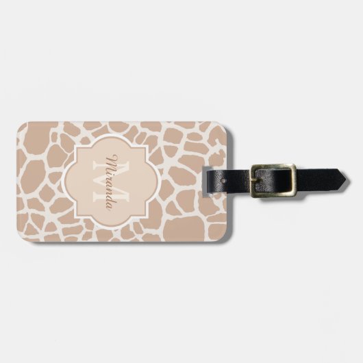 Classy Light Brown Giraffe Print Monogram en naam Bagagelabel (Voorkant horizontaal)