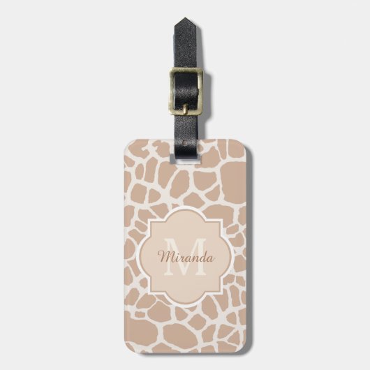 Classy Light Brown Giraffe Print Monogram en naam Bagagelabel (Voorkant verticaal)