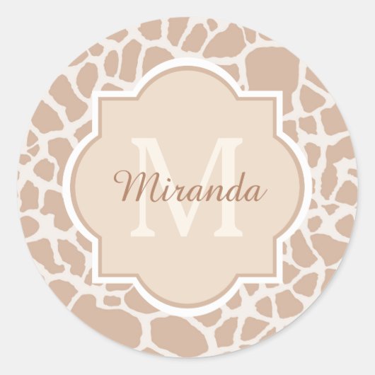Classy Light Brown Giraffe Print Monogram en naam Ronde Sticker (Voorkant)