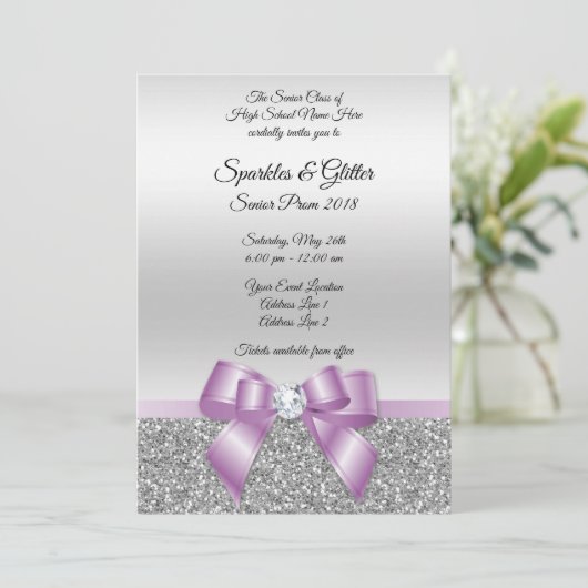 Classy Lila Bow & Silver Glitter Prom Kaart (Staand voorkant)