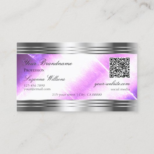 Classy Lila Silver Shimmer Borders Logo QR-code Visitekaartje (Achterkant)