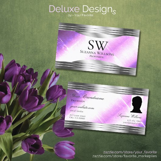 Classy Lila Silver Shimmer Borders Monogram Foto Visitekaartje