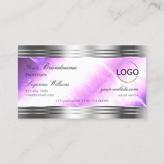 Classy Lila Silver Shimmer Grenzen met Logo Chic Visitekaartje (Achterkant)