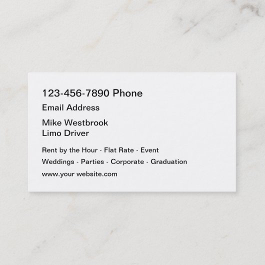 Classy Limousine Rental Driver Visitekaartje (Achterkant)