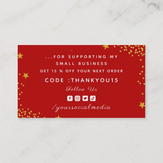 Classy & Luxurous Red Gold Glitter Star Dank u Visitekaartje (Achterkant)