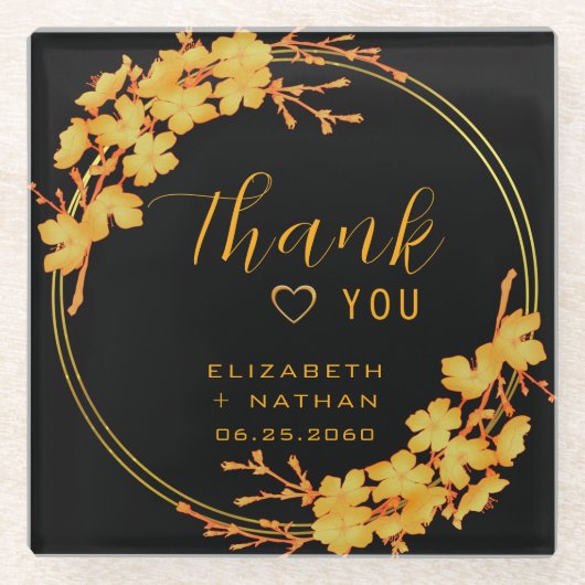 Classy Luxury Black Gold Floral Weddenschap Hartel Glazen Onderzetter (Voorkant)