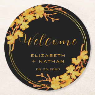 Classy Luxury Black & Gold Floral Weduwen Welkom Ronde Kartonnen Onderzetter