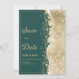 Classy luxury green gold glitter Save the Date  Kaart
