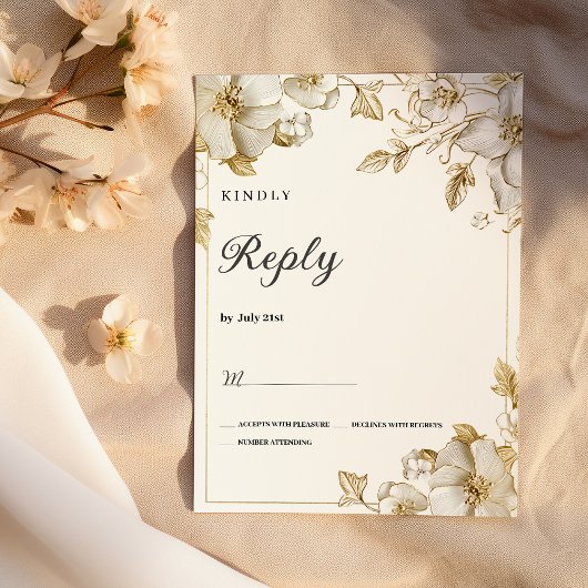 Classy luxury white and gold floral RSVP Kaart