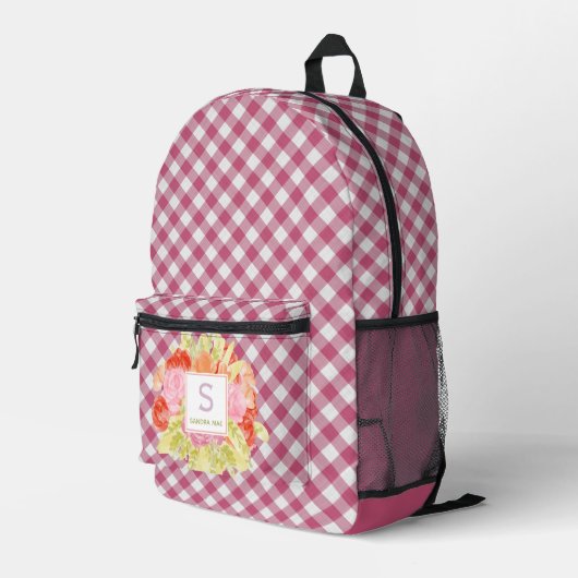 Classy magenta rood roze gingham check patroon bedrukte rugzak (Achterkant Hoek Rechts)
