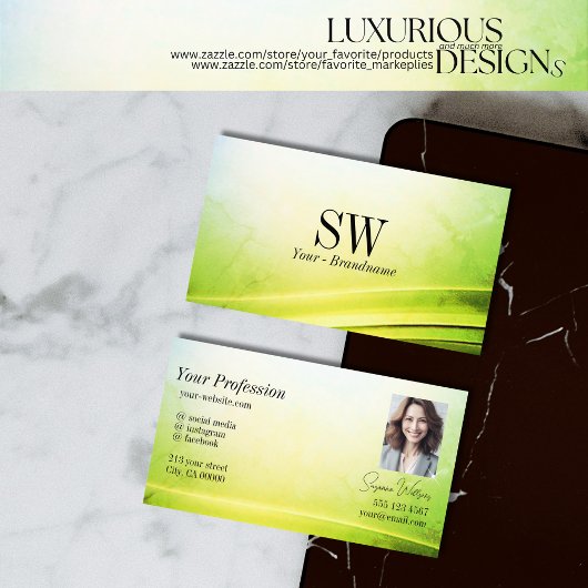 Classy Marble Green Curved Decor Monogram Foto Visitekaartje
