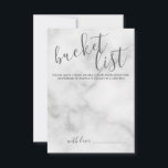 Classy Marble Modern Script Wedding Bucket List Advieskaart<br><div class="desc">Voeg een persoonlijke aanraking aan uw bruiloft toe met een moderne kaart van de emmer van de manuscriptbruiloft. Deze kaart kenmerkt titel in de grijze moderne stijl van het calligrafische doopvont en details in grijze moderne sans serif doopvontstijl op witte marmer achtergrond.</div>