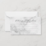 Classy Marble Wedding Advice and Wishes Card Advieskaart<br><div class="desc">Voeg een persoonlijke aanraking toe aan uw bruiloft met een elegante trouwraad en wenskaart. Deze advieskaart heeft een titel in de grijze moderne, elegante lettertypestijl voor calligrafie en details in de grijze moderne sans serif lettertypestijl op de witte marmer achtergrond. Ideaal voor bruiloft, baby shower, verjaardagsfeest, vrijgezellenfeest, bachelorette en alle...</div>