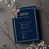 Classy marine blauw goud koraal roze bloemenbruilo RSVP kaartje