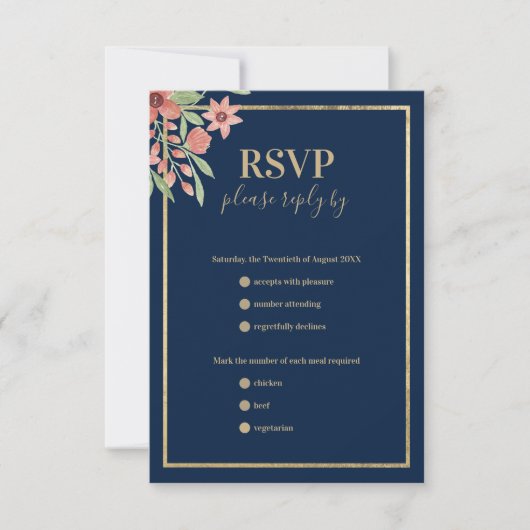 Classy marine blauw goud koraal roze bloemenbruilo RSVP kaartje (Voorkant)