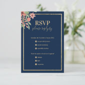 Classy marine blauw goud koraal roze bloemenbruilo RSVP kaartje (Staand voorkant)