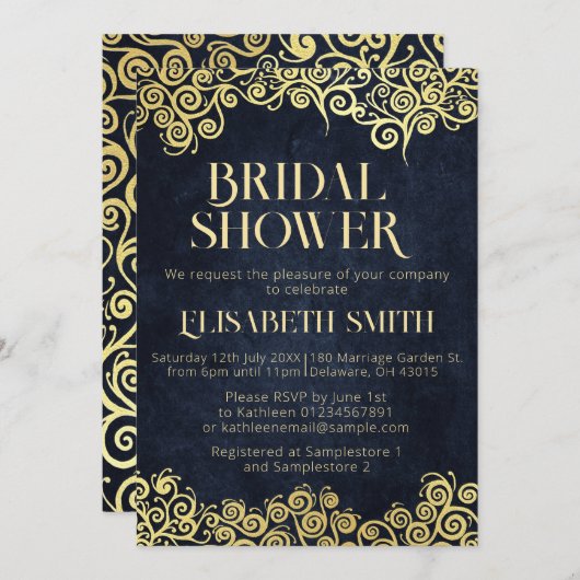 Classy marineblauw en goud swirl chique Vrijgezell Kaart (Voorkant / Achterkant)