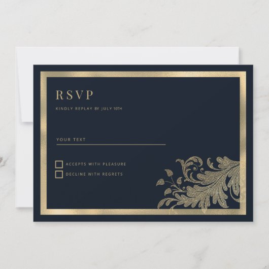 Classy marineblauw goud  bloemenkant RSVP Kaart (Voorkant)