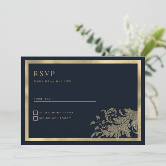 Classy marineblauw goud  bloemenkant RSVP Kaart (Staand voorkant)