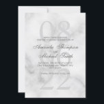 Classy Marmer Elegant Bruiloft Save the Date<br><div class="desc">Elegant stijlvol ontwerp met de naam van de bruid en bruidegom in grijze elegante scriptlettertypestijl en details in grijze klassieke serif lettertypestijl met grote datum in lichtgrijs als achtergrond op witte marmeren achtergrond.</div>