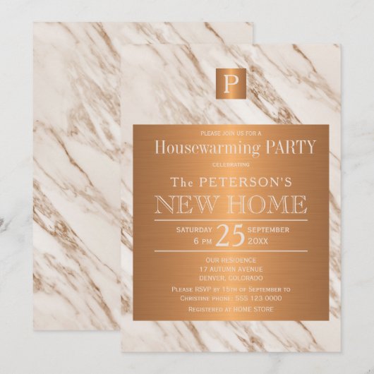 Classy marmer-monogram huispartij kaart (Voorkant / Achterkant)